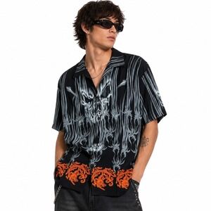 ODO Skull Tribal Graphic Print Button Up Shirt Black Orange Goth Grunge Size XL